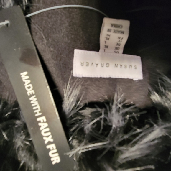 Susan Graver Black Trench  Jacket Coat with Faux Fur Wool Winter Large - Picture 5 of 5